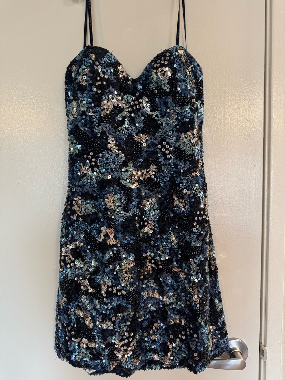 Scala Strapless Sequin Mini Dress in Navy Blue , Aqua, & Silver